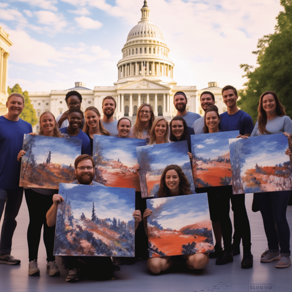 A group of people engaged in a paint and sip event, proudly displaying their paintings in front of the capitol building.