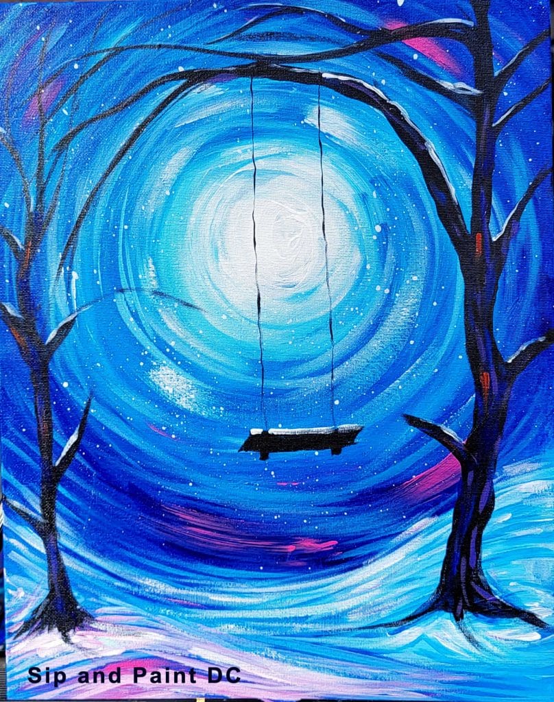 Enjoy a sip and paint experience as you create a beautiful winter scene featuring a swing in the snow. Join us at our paint and sip event in DC for a fun and creative evening.