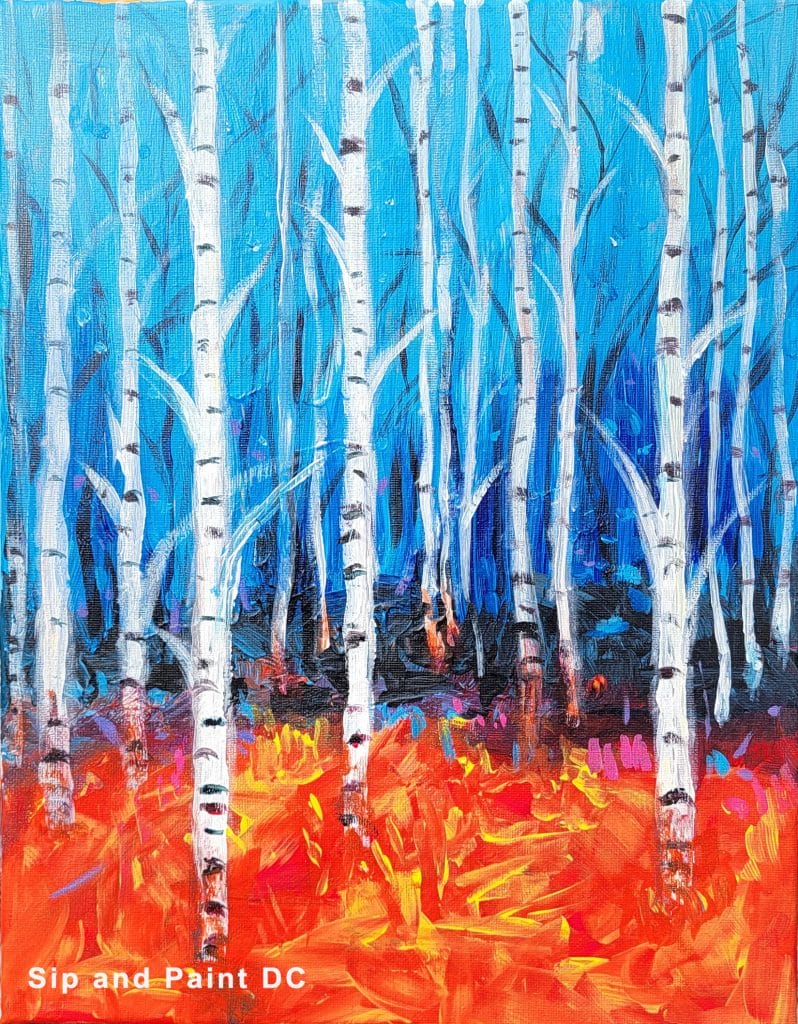 Create a birch forest painting using vibrant reds and blues in our sip and paint event in DC.