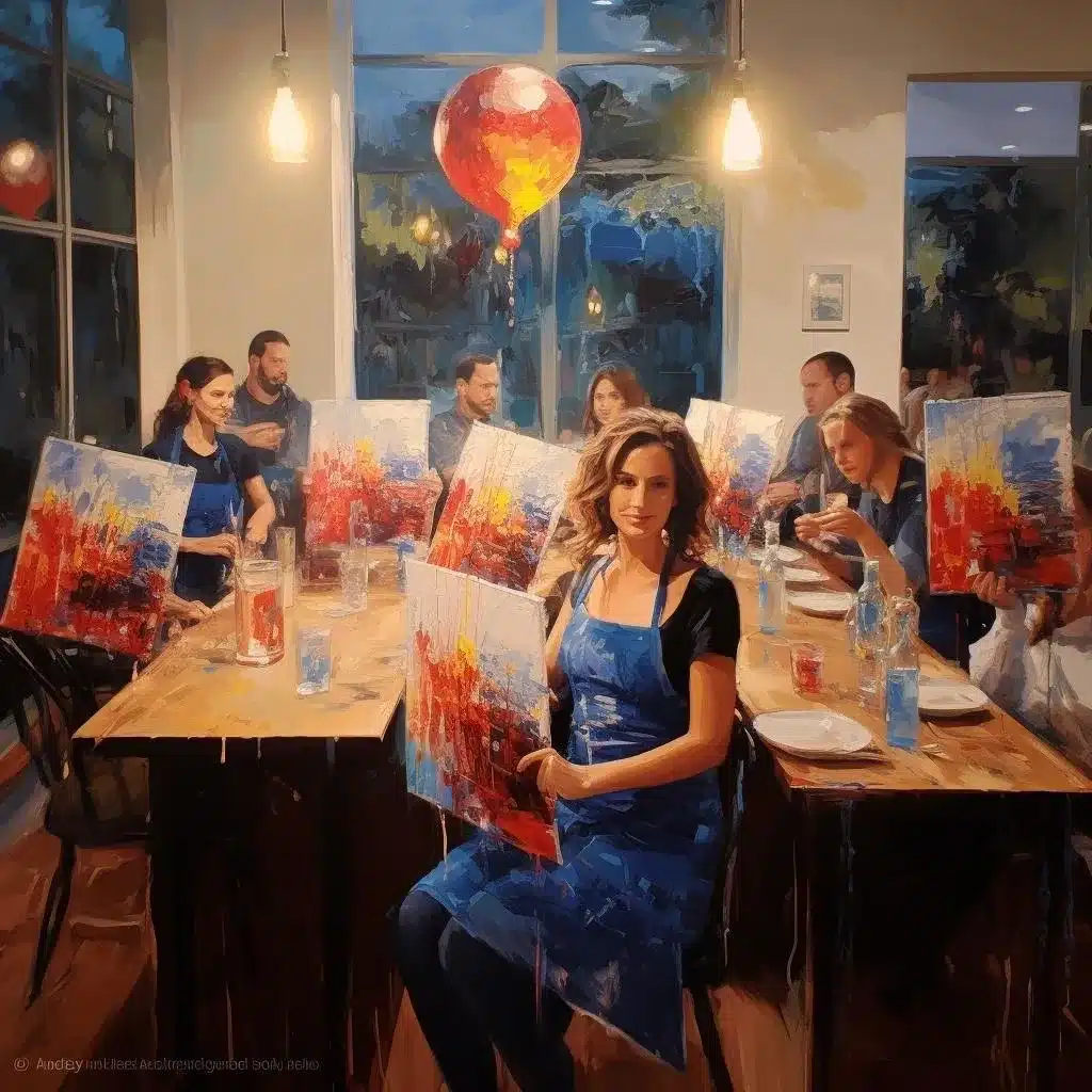 A painting of a group of people sitting at a table enjoying a paint and sip session in Washington DC.