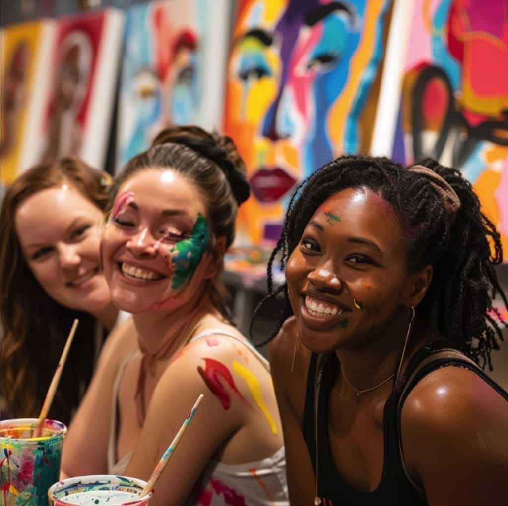 In DC, there was a lively paint and sip event where a group of vibrant women expressed their creativity with colorful paint adorning their faces.
