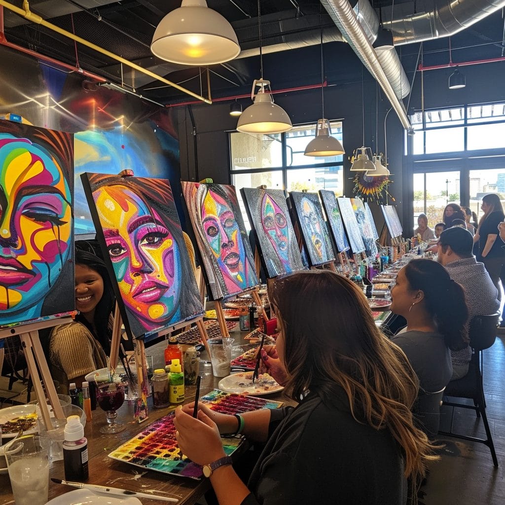 A group of individuals is delightfully engaging in a sip and paint session at a restaurant table in DC.
