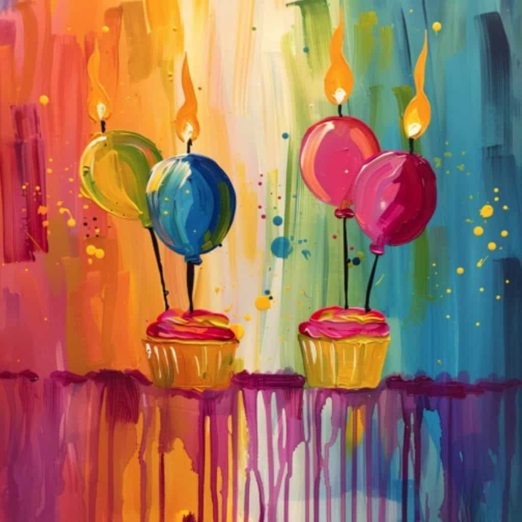 A painting of two cupcakes with candles on them.