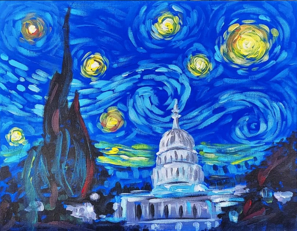 A painting of a starry sky over the capitol building.