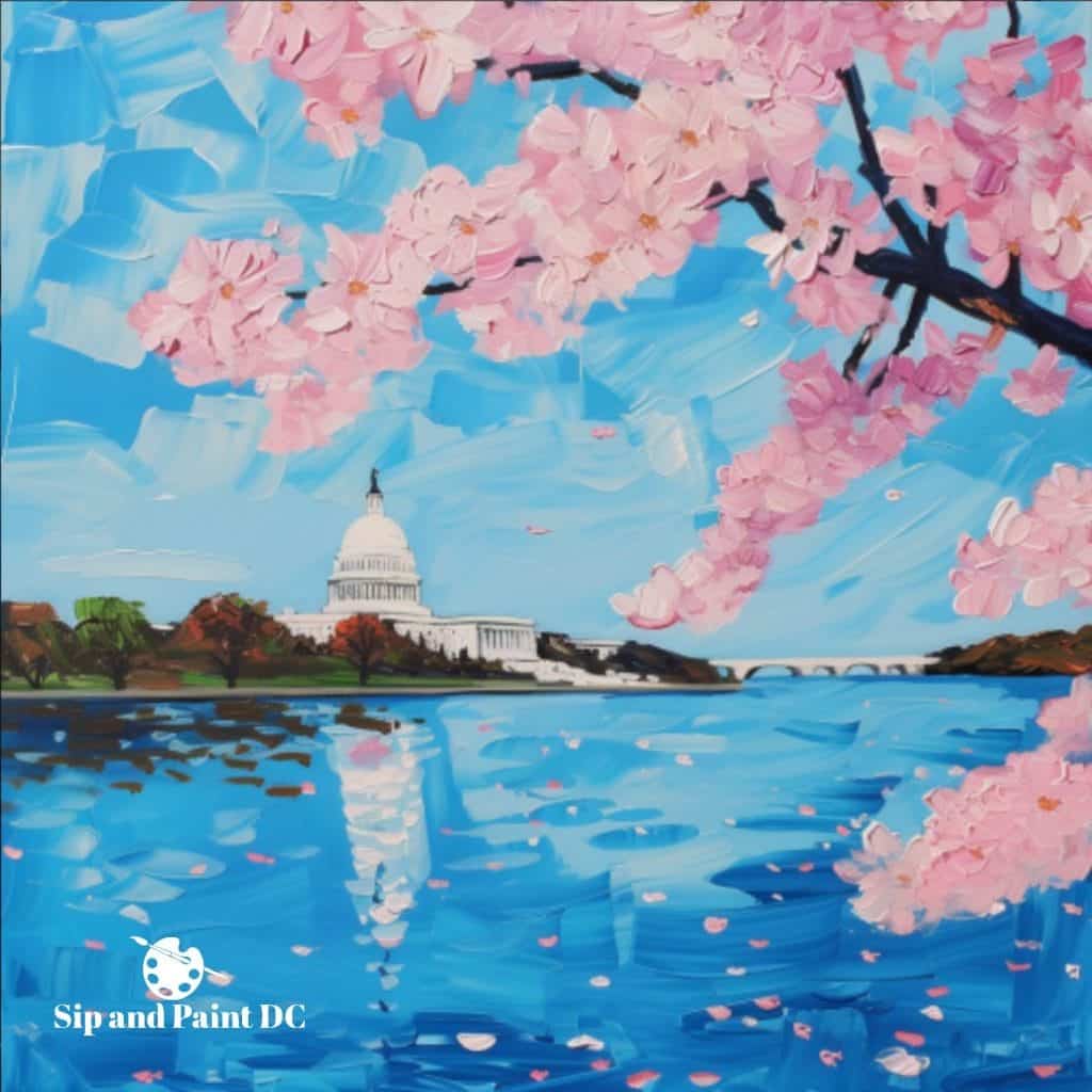 A painting of the Capitol building and cherry blossoms for a paint and sip event in DC.