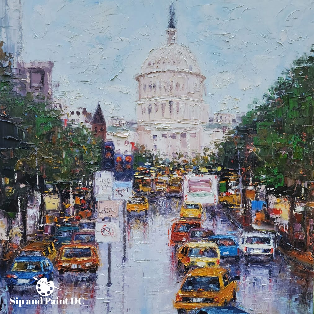 A painting of a city street with taxis and a capitol building.