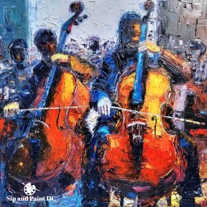 An oil painting of two cellists playing music.