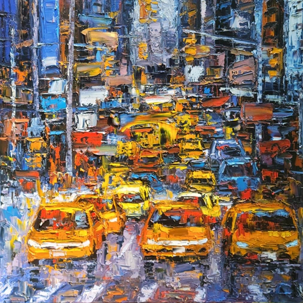 Abstract oil painting depicting a vibrant, colorful street scene with yellow vehicles, likely representing taxis, amidst a backdrop of urban architecture, rendered in broad, expressive strokes.