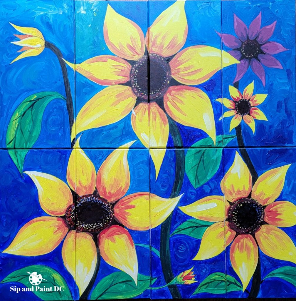 A colorful, segmented painting of sunflowers on a blue background, presented as a collective artwork with individual canvases.
