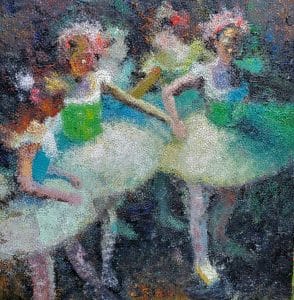 An impressionistic painting of two ballet dancers in tutus with a textured, dappled color effect.