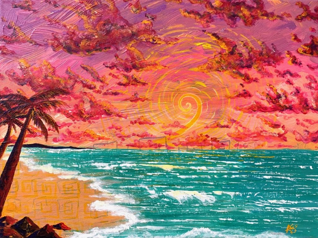 Colorful painting of a tropical beach with palm trees and a vibrant sunset sky featuring stylized clouds and a swirling sun.