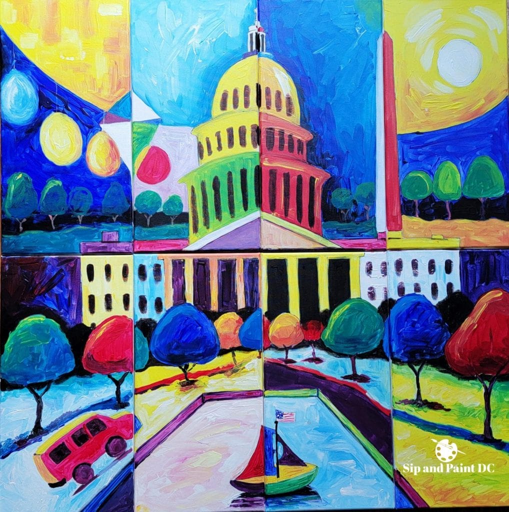 Colorful, abstract painting of the united states capitol with whimsical elements and a vibrant palette.