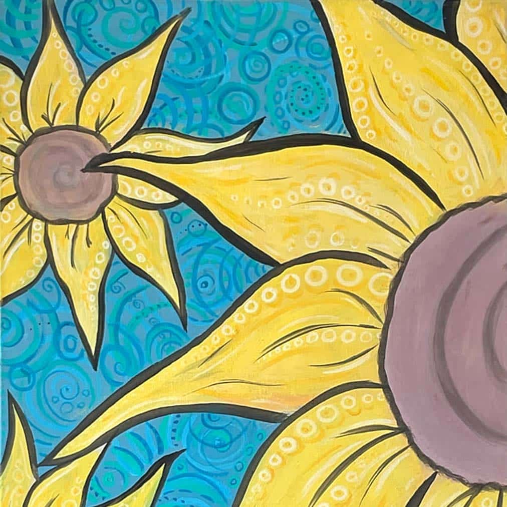 Sip and paint event in Washington DC, painting twin yellow sunflowers against textured blue background.