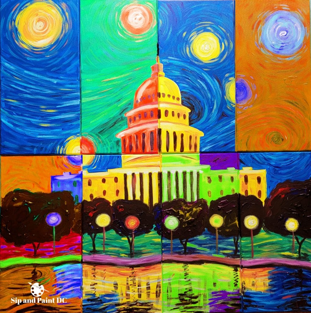 Colorful, van gogh-inspired painting of the united states capitol building at night with swirl-patterned sky.