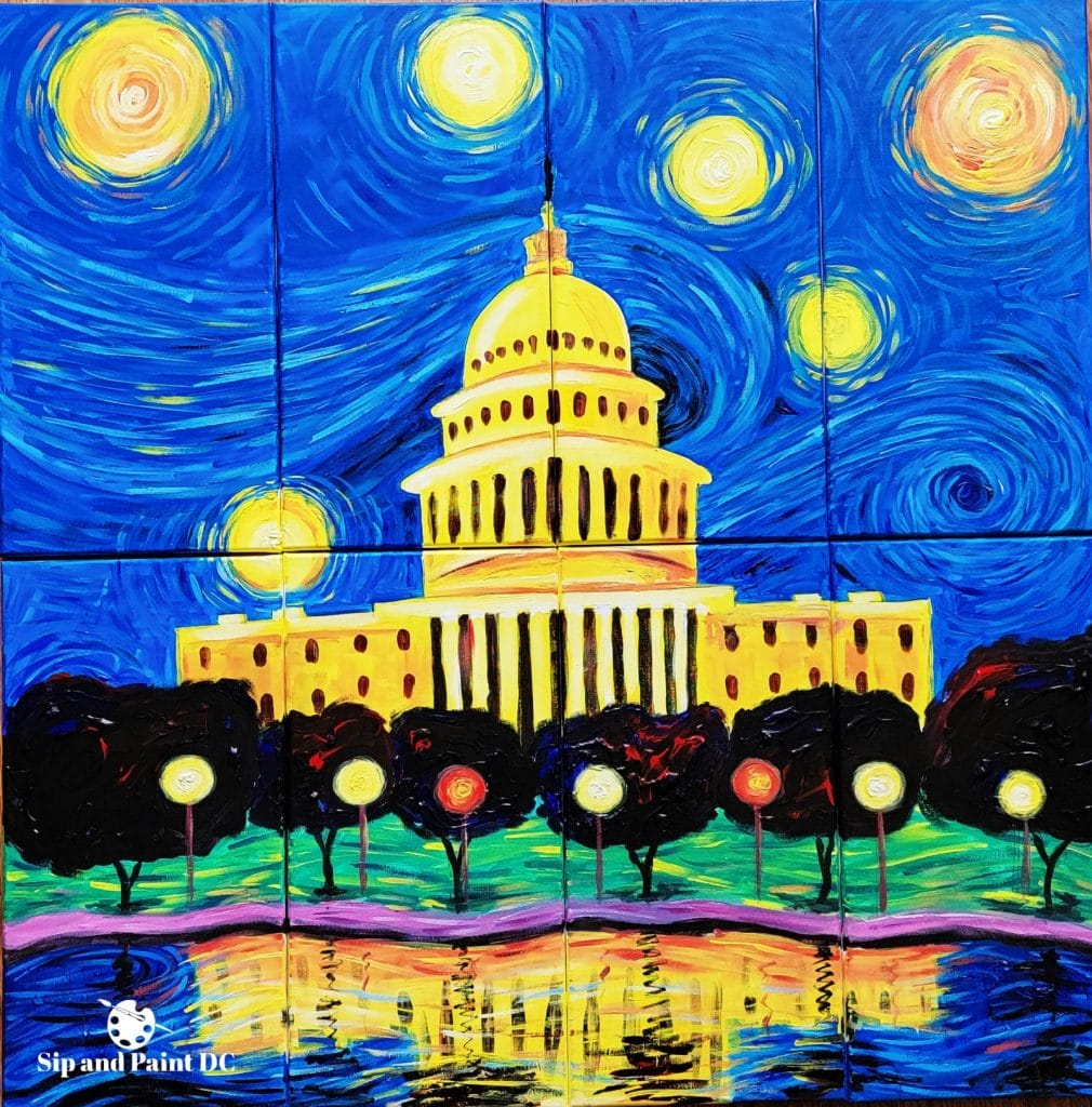 A vibrant painting blending the architectural style of the us capitol with the swirling starry sky reminiscent of van gogh's "the starry night".