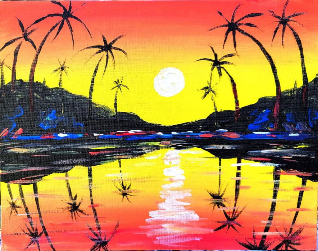 Colorful painting of a sunset with yellow and orange sky reflected in water, framed by black silhouettes of palm trees and hills at a sip and paint event in Washington DC.