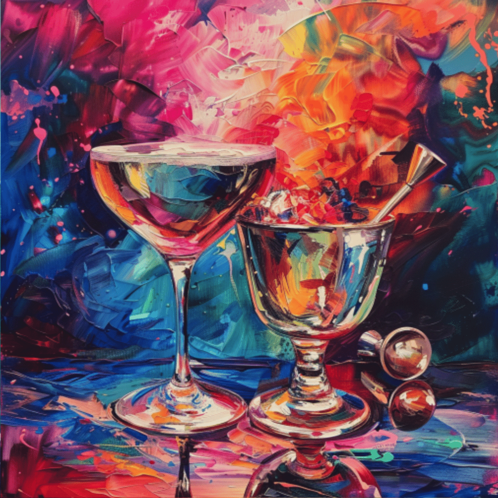 Three vibrant cocktails with citrus garnishes, depicted in a colorful, abstract painting.