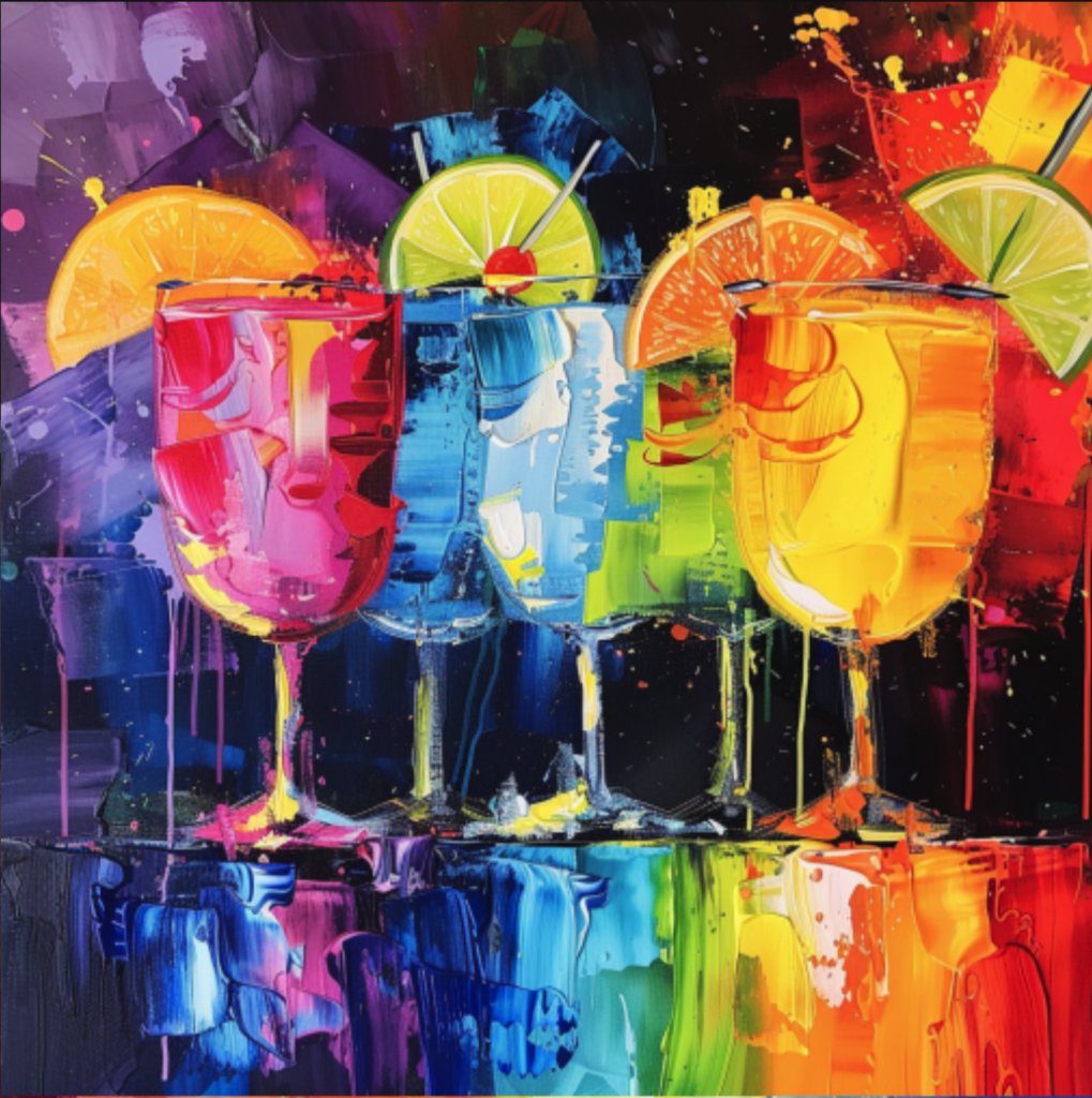 Three vibrant cocktails with citrus garnishes, depicted in a colorful, abstract painting.