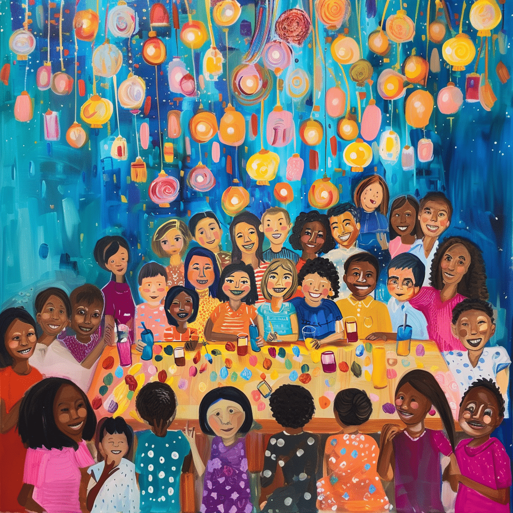 A varied group of people, including kids and adults, are gathered at a colorful table under decorative lanterns, smiling and enjoying a joyful family get-together that feels like a sip and paint event.
