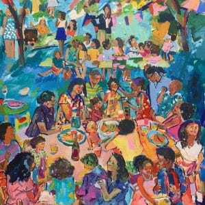 A painting of a diverse family reunion at an outdoor party with food, drinks, sip and paint, and decorations.
