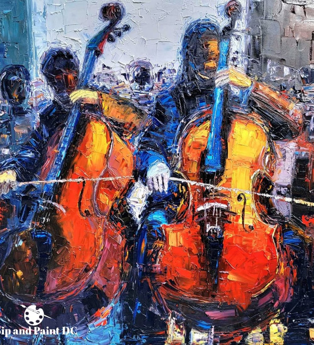 An oil painting of two cellists playing music.