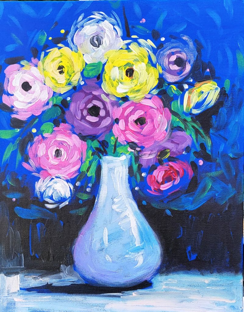 A vibrant and captivating painting of flowers in a vase, perfect for a delightful paint and sip experience or a relaxing sip and paint session.