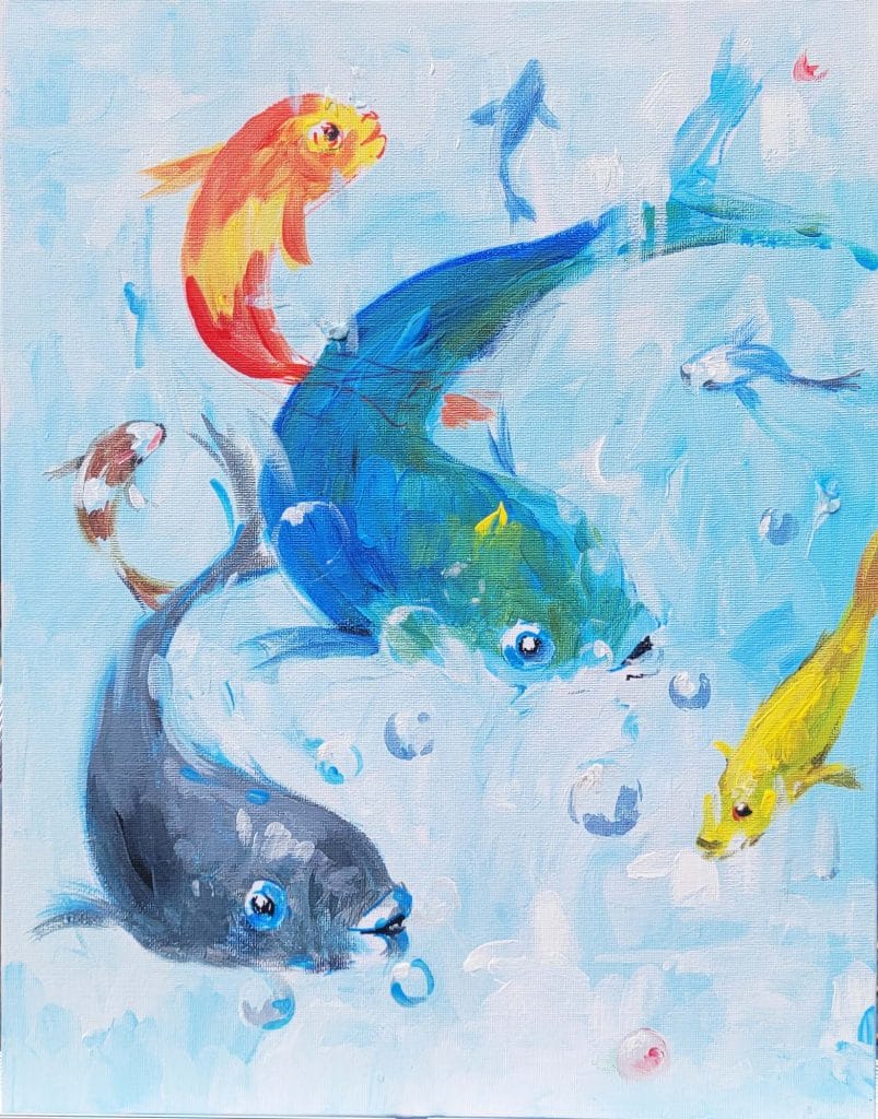 An image of men fishing around painting, suitable for paint and sip in Washington DC.