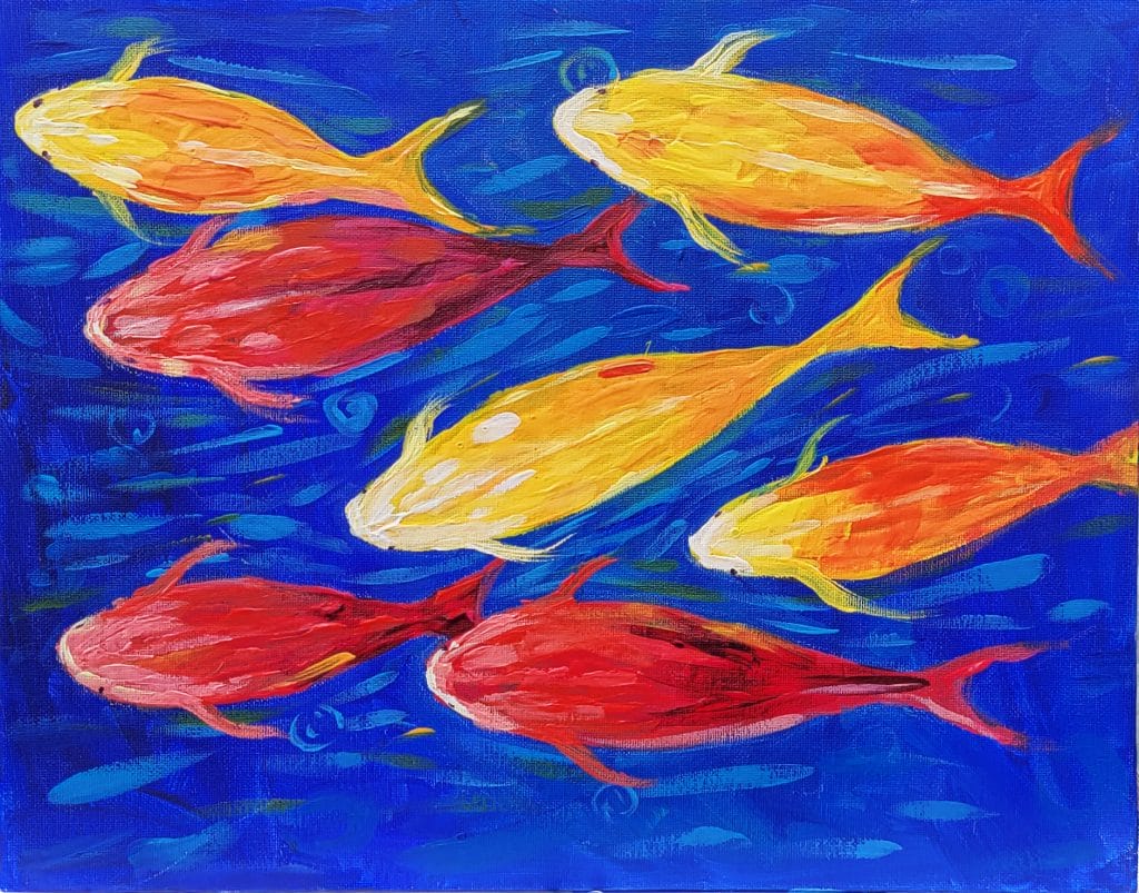 A painting of a group of fish swimming in blue water at a Sip and Paint event in Washington.