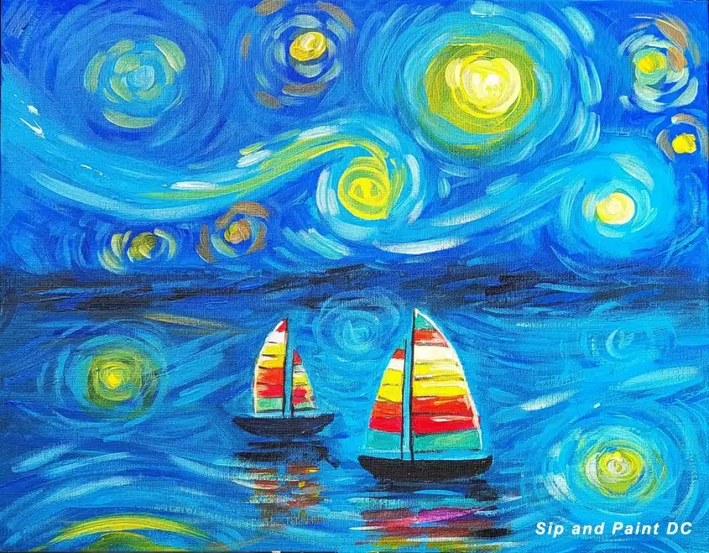 A sip and paint experience featuring a mesmerizing painting of two sailboats under a starry sky.