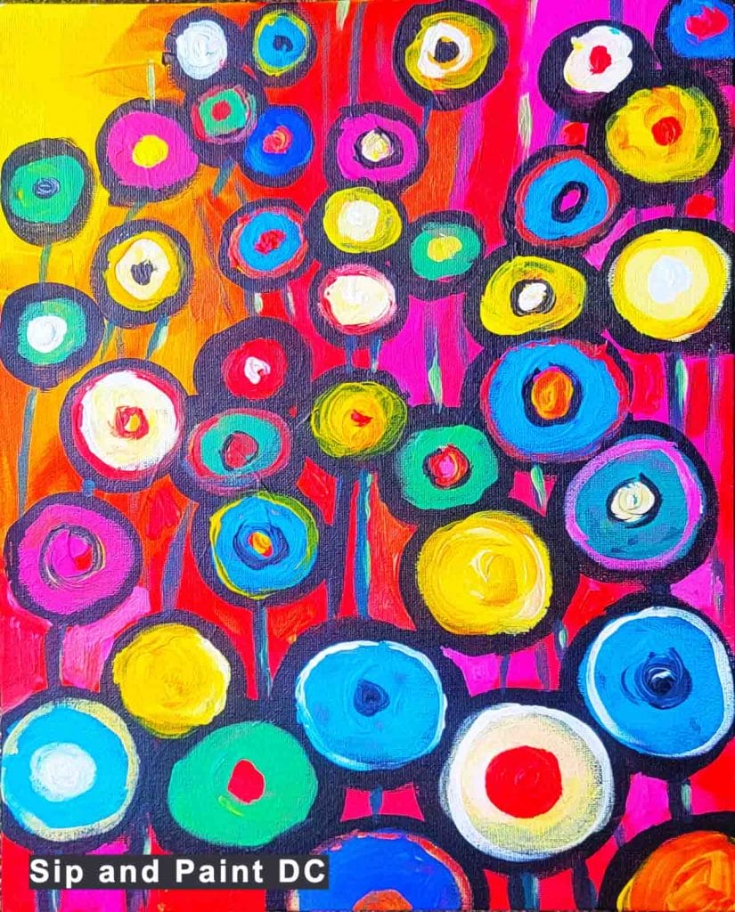 A vibrant painting of colorful flowers on a red background, perfect for a paint and sip experience in Washington.