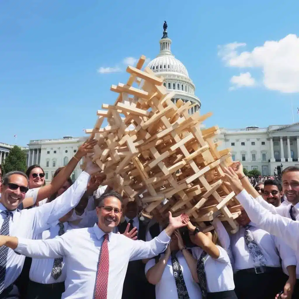 A group of people holding up a wooden cross in front of the capitol during a sip and paint event in DC.
