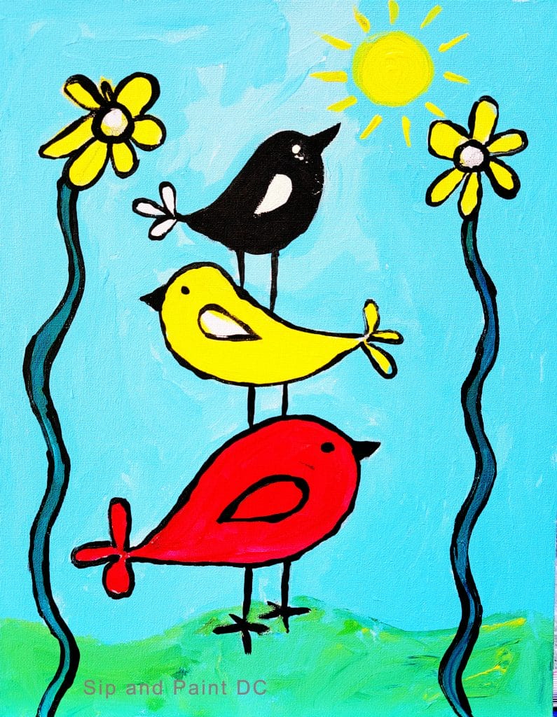A painting of three birds stacked atop each other, perfect for a paint and sip experience.