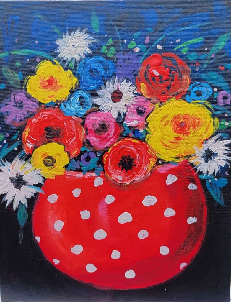 A sip and paint experience in Washington featuring a painting of a red vase with flowers in it.