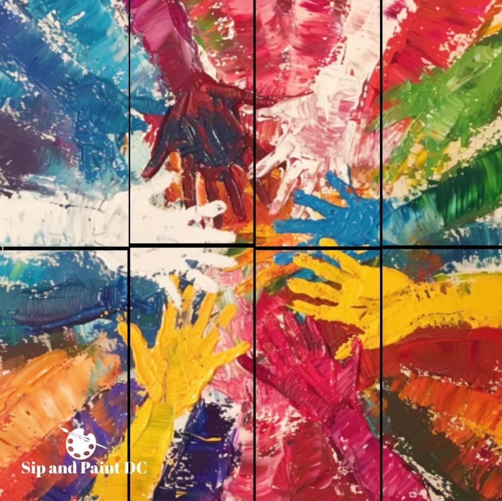 Colorful mosaic of hand paintings on canvas.