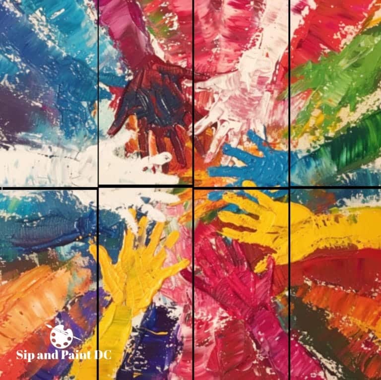 Colorful mosaic of hand paintings on canvas.