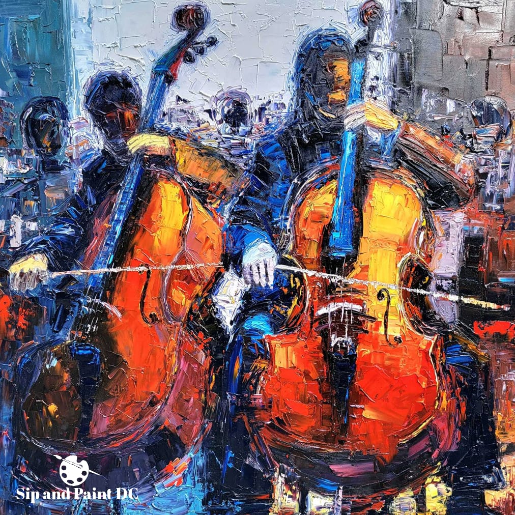 An expressive, color-rich painting depicting four cellists immersed in their performance, marked by thick, textured brushstrokes and a vibrant cityscape backdrop.