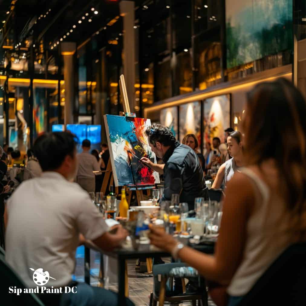A group of people at a restaurant watching a painter.