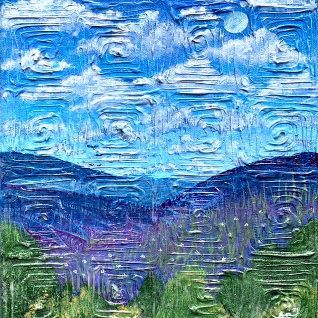 Textured painting depicting a landscape with blue sky and cloud formations above a dark hued mountain range, transitioning into a field of green at the foreground.