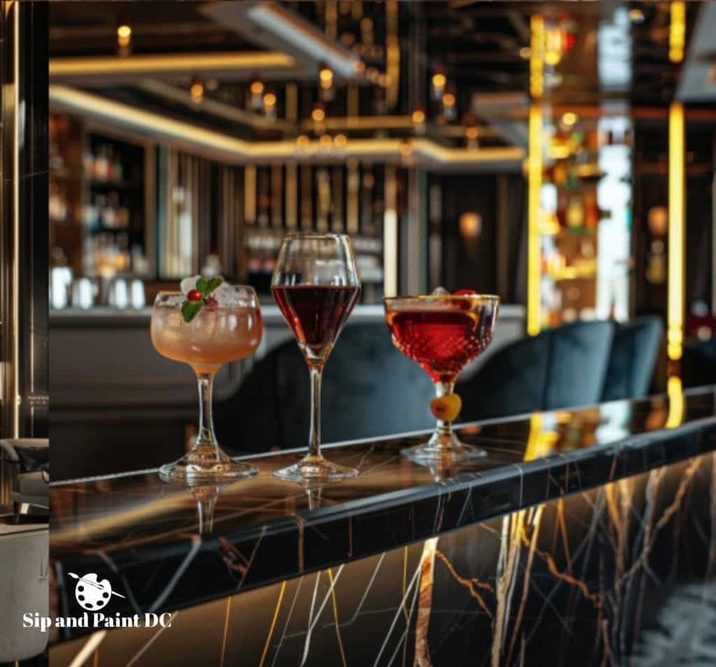 Three cocktails on a bar counter with a blurred background of a bar setting.