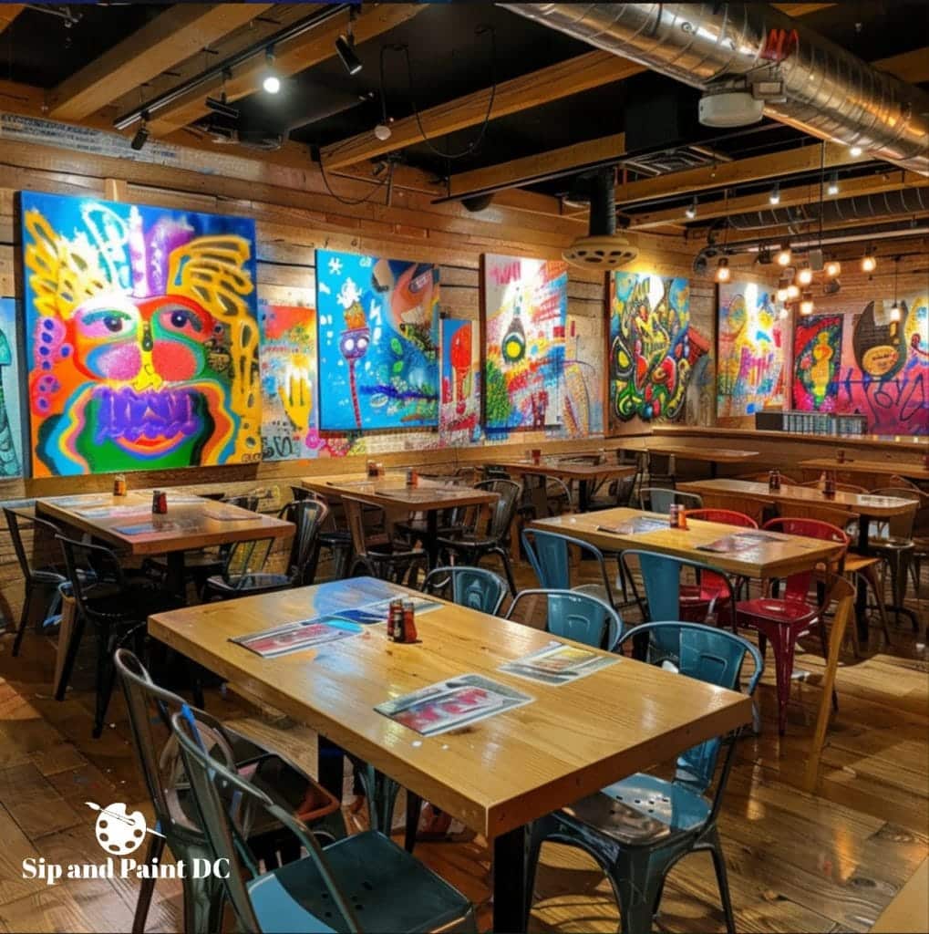An art studio with colorful paintings on the wall and tables set up for a painting class.