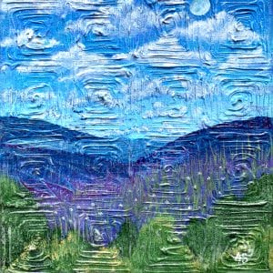 A painting of a mountain landscape with blue sky and purple flowers.