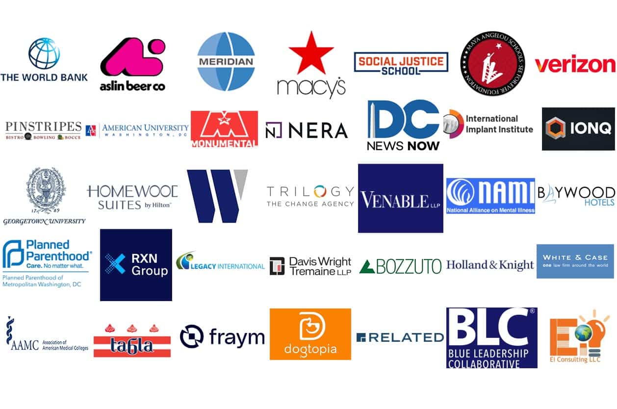 A collage of various company and organization logos, including The World Bank, Verizon, Macy's, Planned Parenthood, and more. Among them is an ad for a fun paint and sip DC event.