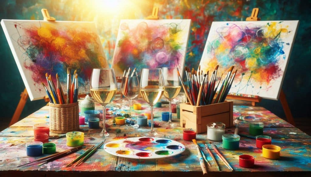 A cluttered art table with paintbrushes, paint cans, palettes, and two glasses of wine suggests a lively sip and paint session. Three colorful abstract paintings are on easels in the background as sunlight filters onto the scene.