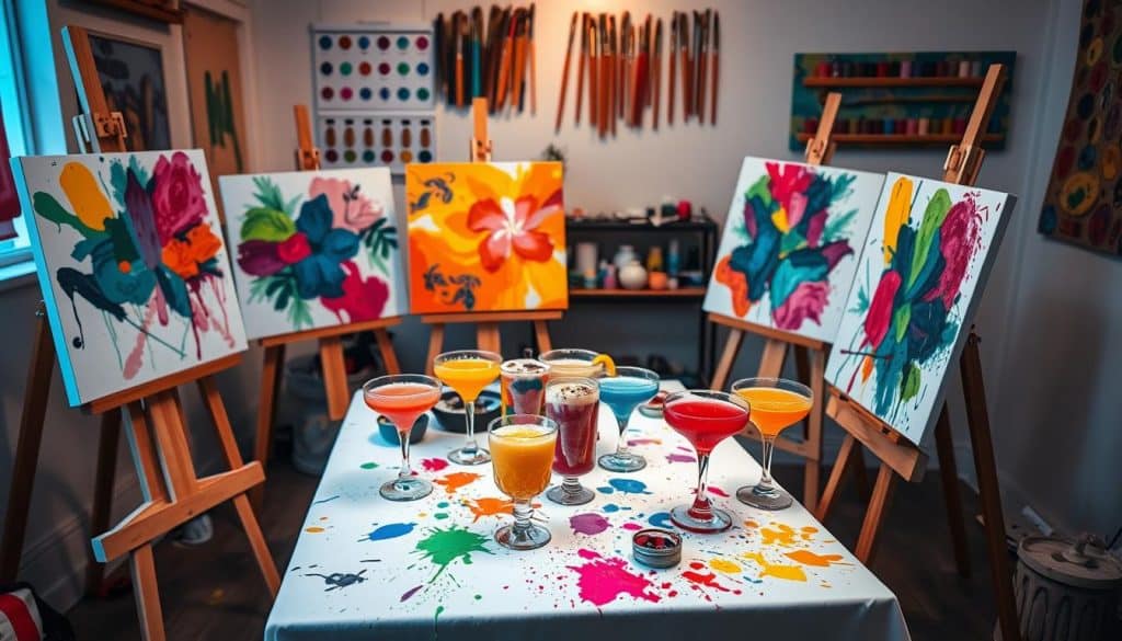A table with colorful cocktails is set in an art studio, perfect for a paint and sip night. Surrounding the table are easels displaying vibrant abstract flower paintings, inviting creativity and inspiration.