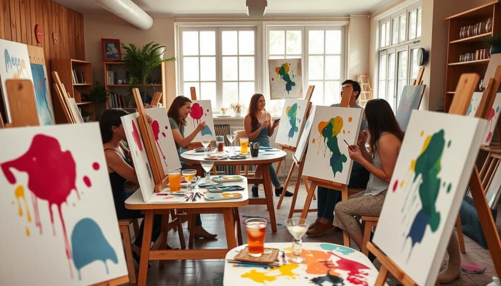 In a bright, well-lit room, people sit at easels in an engaging paint and sip session, each creating colorful abstract shapes on their canvases while drinks rest invitingly on the tables.