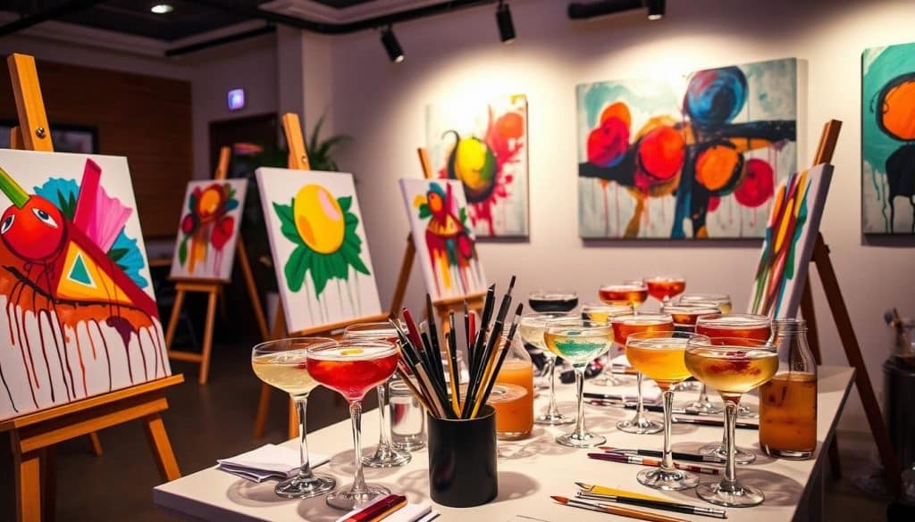In this vibrant art studio, colorful paintings adorn easels, while a table showcases a variety of cocktails&mdash;perfect for a paint and sip session. Brushes rest nearby, ready to bring your creative vision to life.