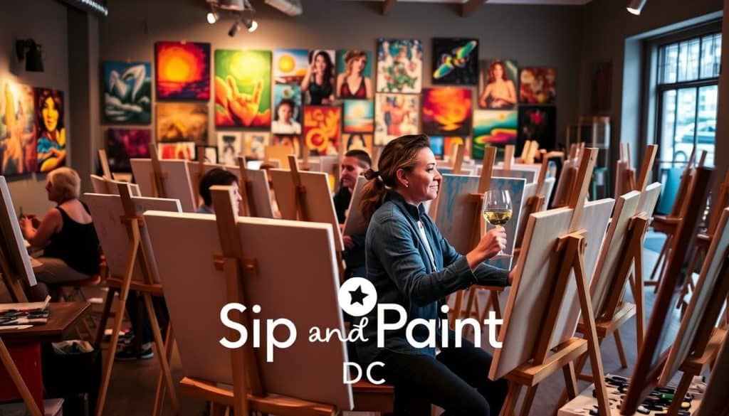People sitting at easels in an art studio, holding drinks, participating in a "Sip and Paint" event. Colorful paintings are displayed on the walls in the background. The text reads "Sip and Paint DC".