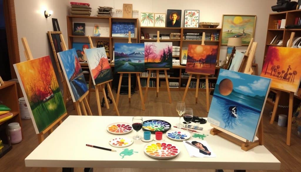 A painting studio with easels displaying various colorful landscape artworks. A table in the foreground holds paint palettes, brushes, and a glass of wine.