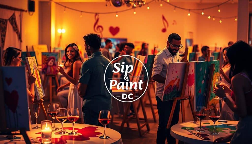 People are painting on easels at a "Sip &amp; Paint DC" event. Tables with wine glasses are scattered throughout the room. The atmosphere is lively with dim lighting and string lights overhead.