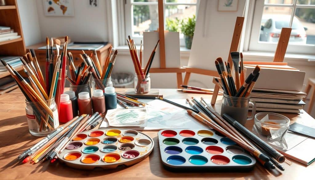A well-organized artist's workspace featuring various paintbrushes, colored pencils, watercolor paints, and drawing materials on a wooden table near a sunlit window invites creativity. It&rsquo;s the perfect setting for a relaxing sip and paint session.